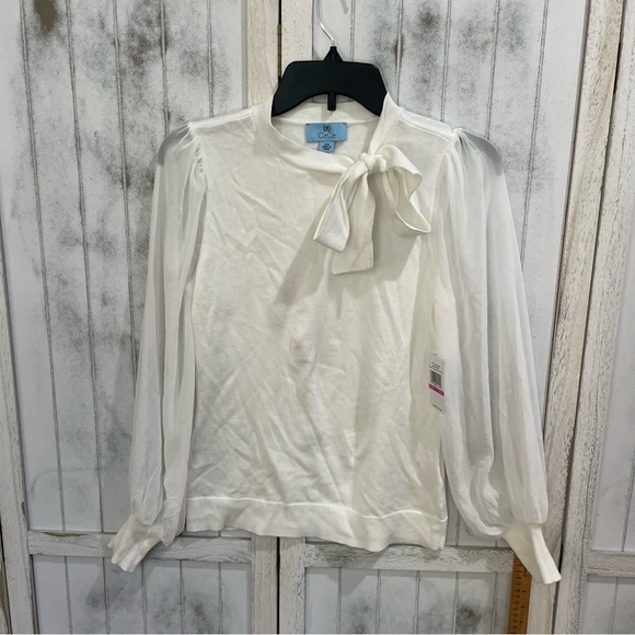 Cece Womens mixed media sweater antic white XXS tie neck essential minimalistic - Picture 6 of 10